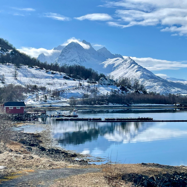 a red boathouse at the end of a dock on ullsfjorden with Jiehkkevárri lyngen peninsula highest peak in the background