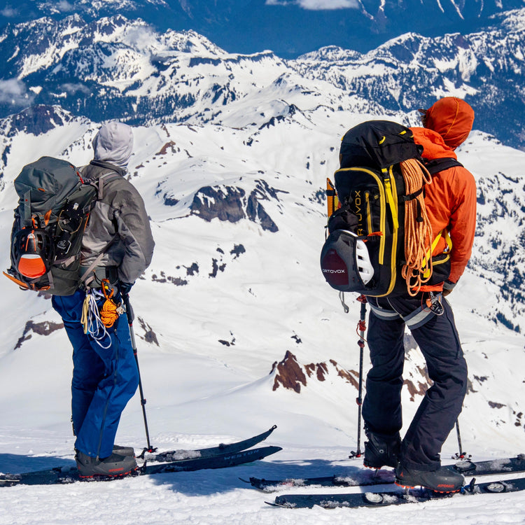 Lead Guide and Guest look back over the progress they've made while climbing Mount Baker on their splitboards.