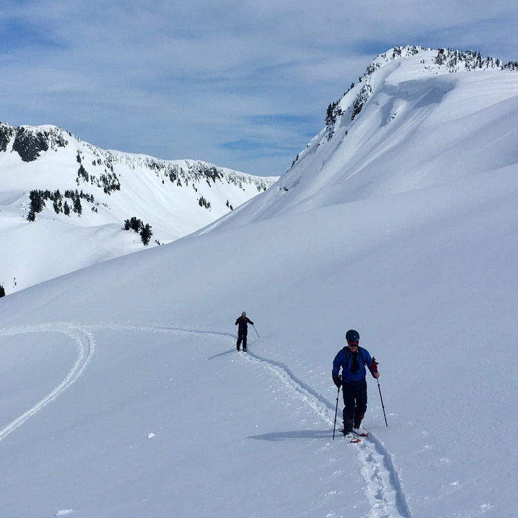 Two backcountry skiers walking in a skin track in the Mount Baker Backcountry. The snow covered basin is pristine with no ski tracks yet to be seen.