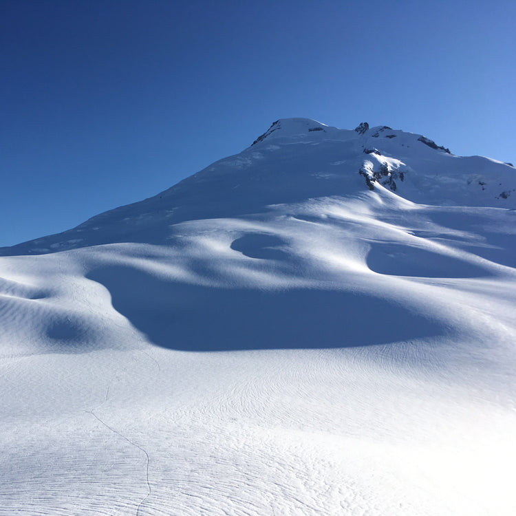 Ski tracks on the slopes of Mount Baker on a clear day.