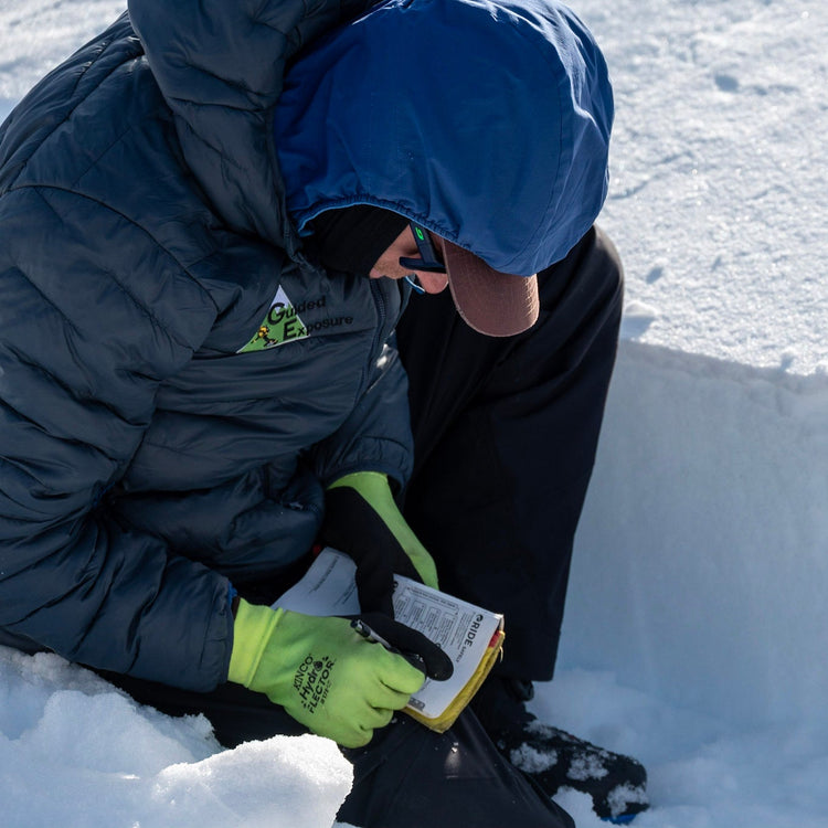 Lead guide at Guided Exposure demonstrating a snow pit profile during an AIAIRE 2 course at Mount Baker.