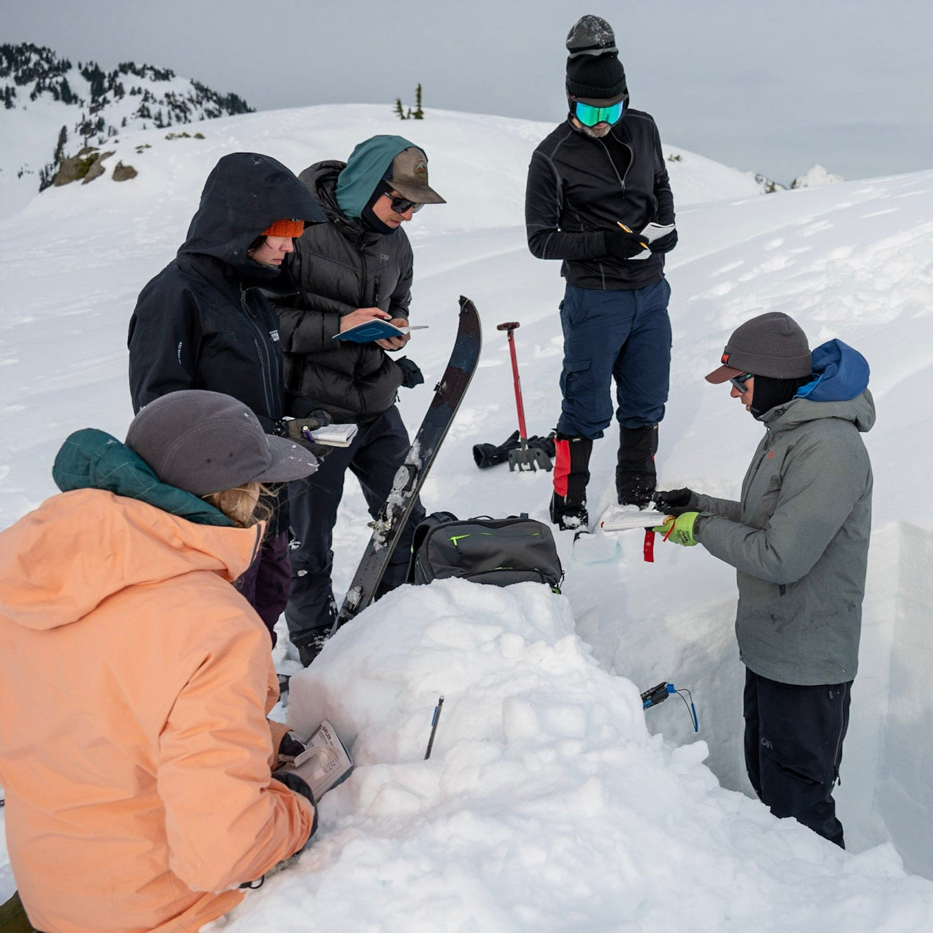 Lead guide and Founder of Guided Exposure shows a group of AIARE 1 students snow grains on a crystal card, during a snow pit lesson in the Mount Baker Backcountry.