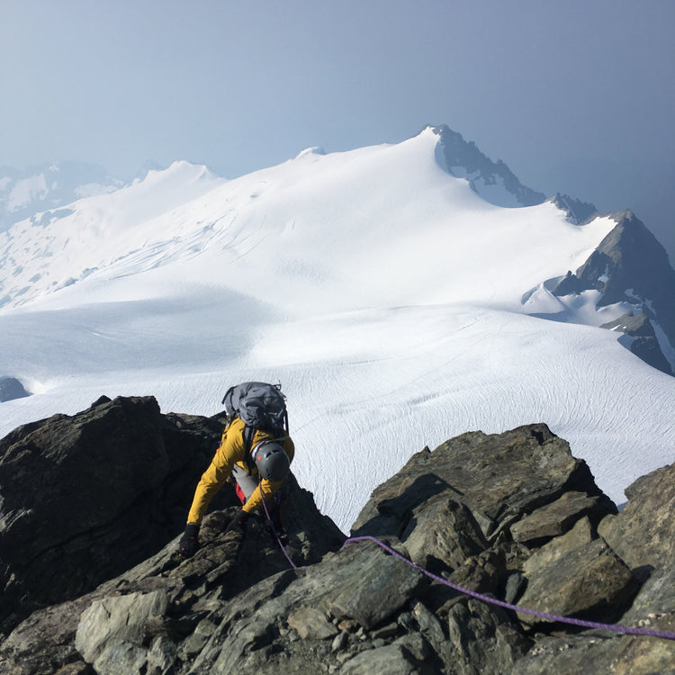 Working their way up the se rib ridge on the Shuksan summit pyramid above the sulphide glacier