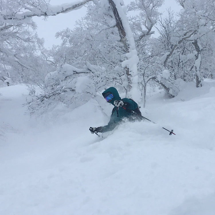 A skier turning in deep powder in Hokkaido Japan. During our week long ski trip to Furano Japan.