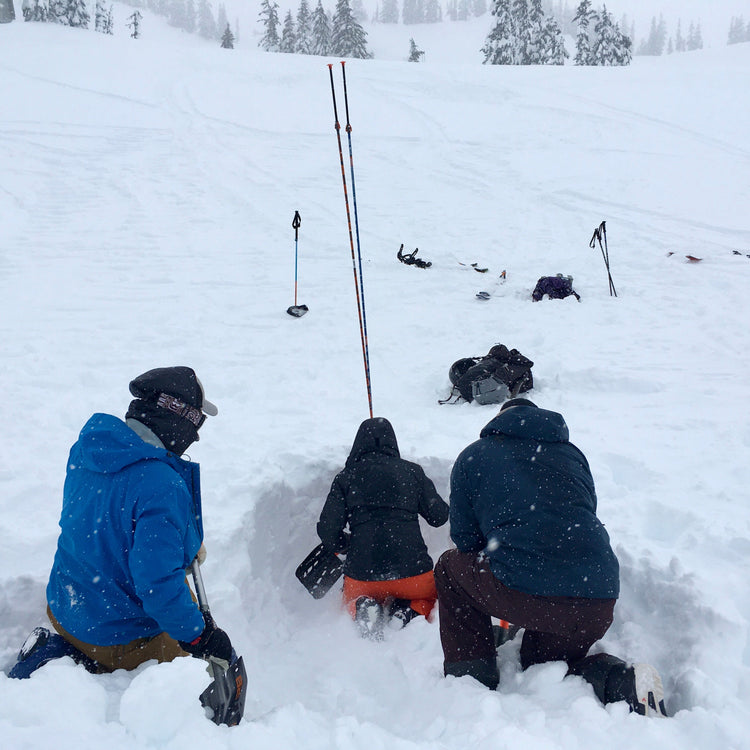 AIARE 1 students practice digging while performing an avalanche rescue.