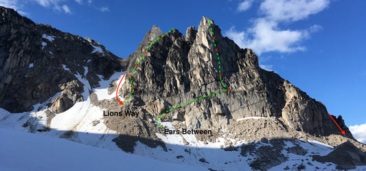 Route overlay shows ascent and descent routes on Crescent Tower in the Bugaboos