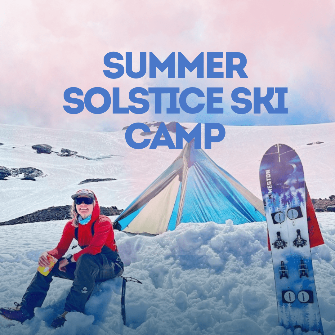 Skiers and splitboarders on a glacier during a summer solstice ski mountaineering camp on Mount Baker