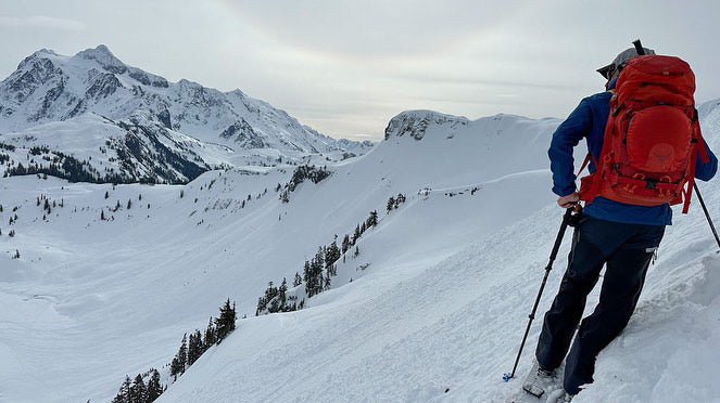 Looking out over the Bagely basin in the Mount Baker Backcountry with Mount Shuksan towering in the distance. 