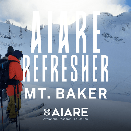 Two skiers on a snowy mountain with 'Avalanche Refresher Mt. Baker' text and AIARE logo.