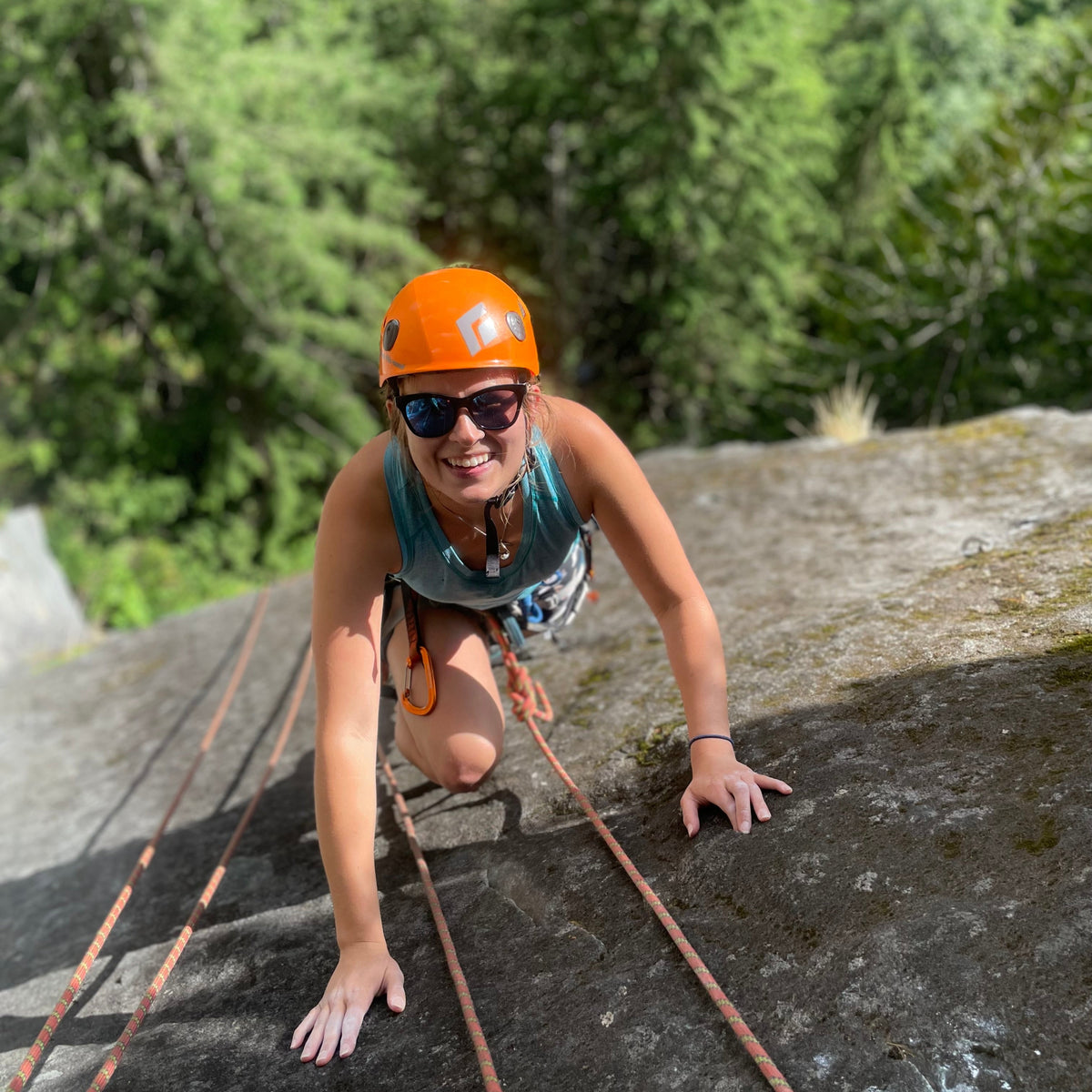 Happy rock climber on Neverland crag at the far side exit 38 north bend Washington 