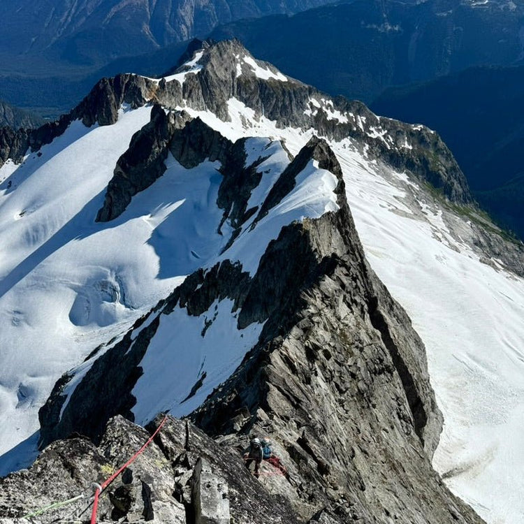 2 climbers have beautiful exposure on the lichen covered North Ridge of Forbidden Peak during a guided alpine climb with guided exposure in north cascades national park