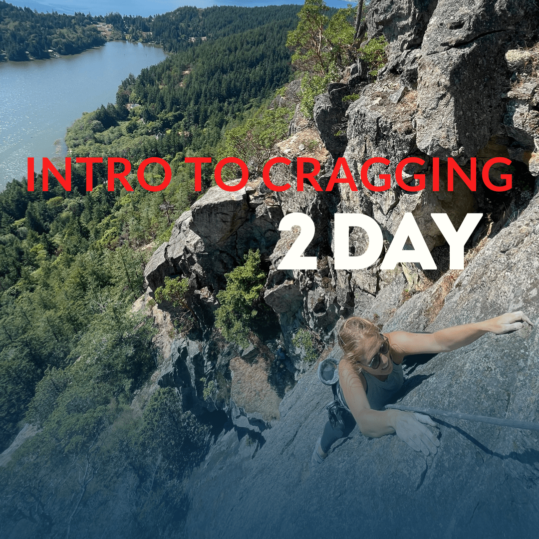 Person climbing a rock face with Intro to Cragging 2 Day over a scenic background