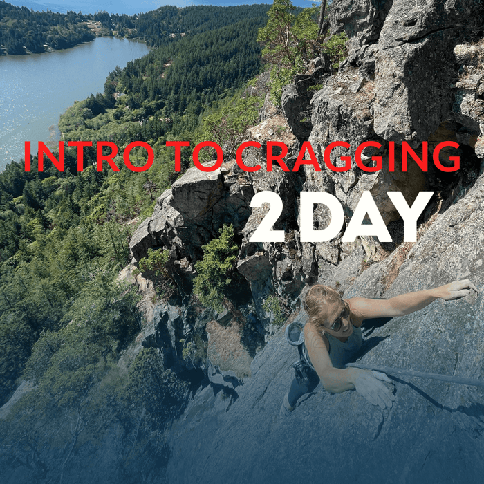 Person climbing a rock face with Intro to Cragging 2 Day over a scenic background
