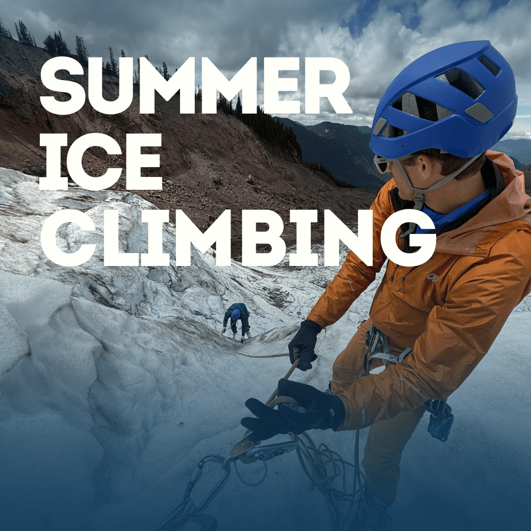 Person ice climbing with Summer Ice Climbing on a mountainous background