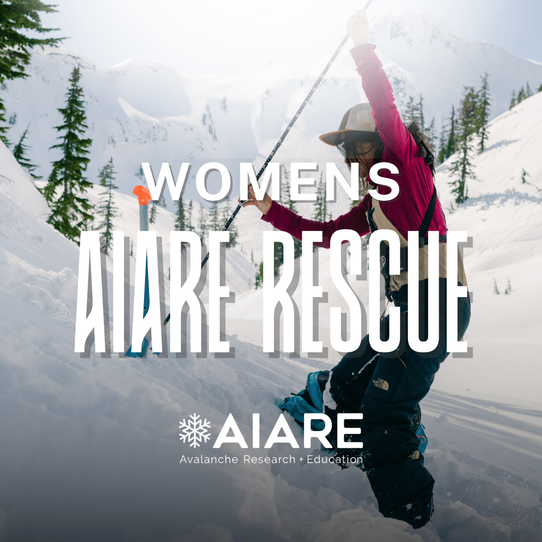 Person in a snowy mountain setting about women's avalanche rescue and AIARE brand