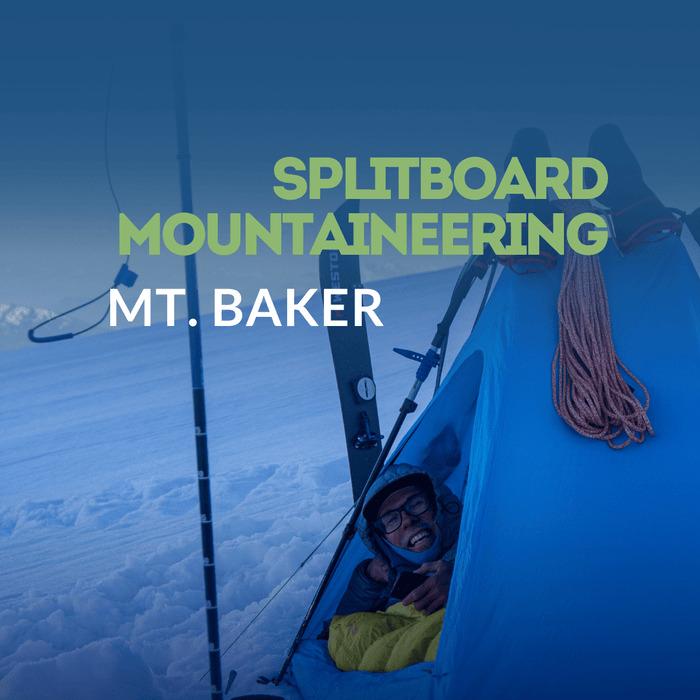 Person peeking out of a tent with splitboard mountaineering on a snowy mountain kulshan mout baker ski guide