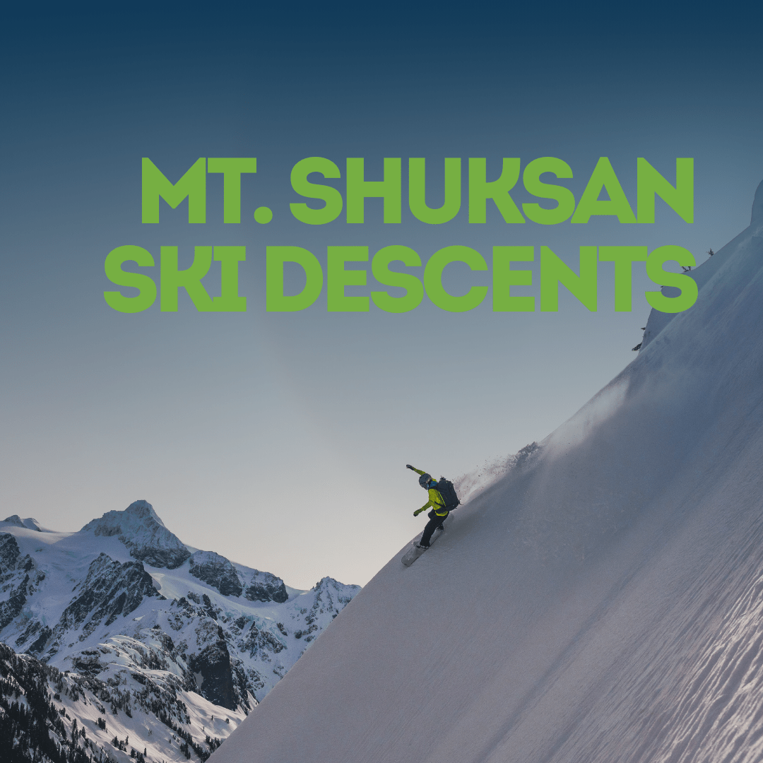 Person skiing down a snowy mountain with Mt. Shuksan Ski Descents