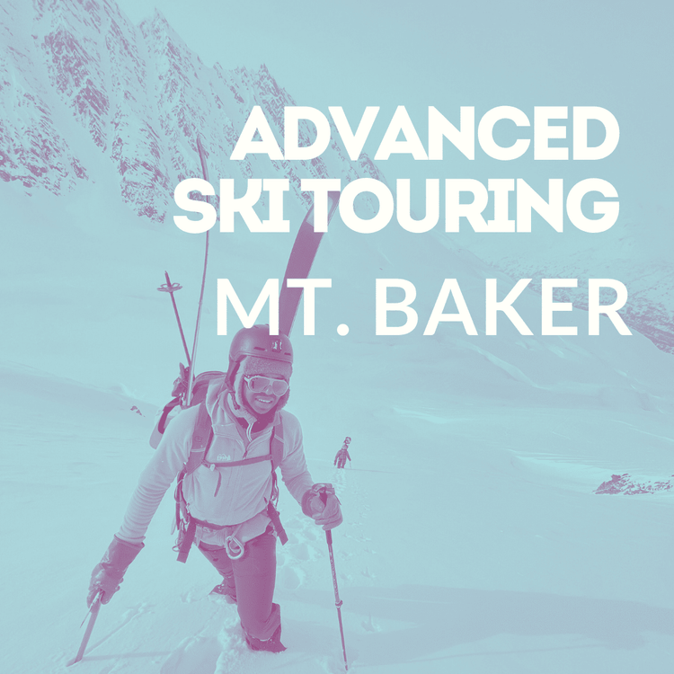 Person skiing on a mountain with Advanced Ski Touring Mt. Baker on a light blue background