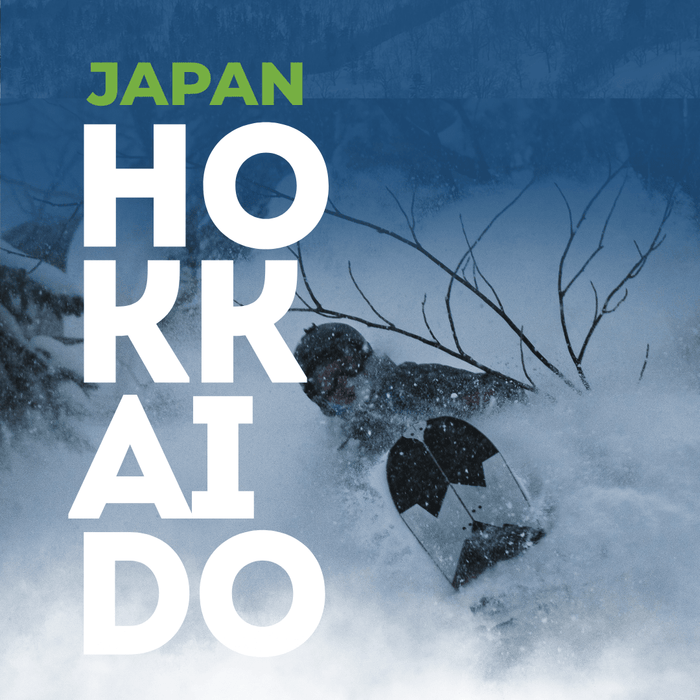 Person snowboarding with Japan Hokkaido on a snowy background