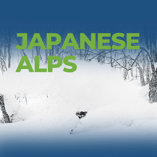Snowy landscape with trees and skiers, featuring the Japanese Alps on a blue gradient background.