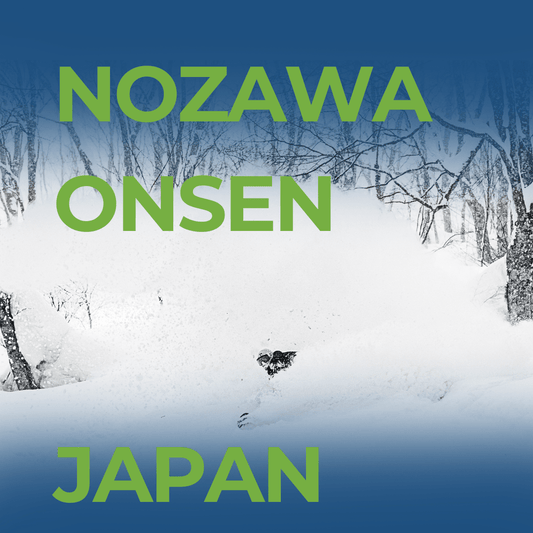 Snowy landscape with trees and text overlay Nozawa Onsen, Japan