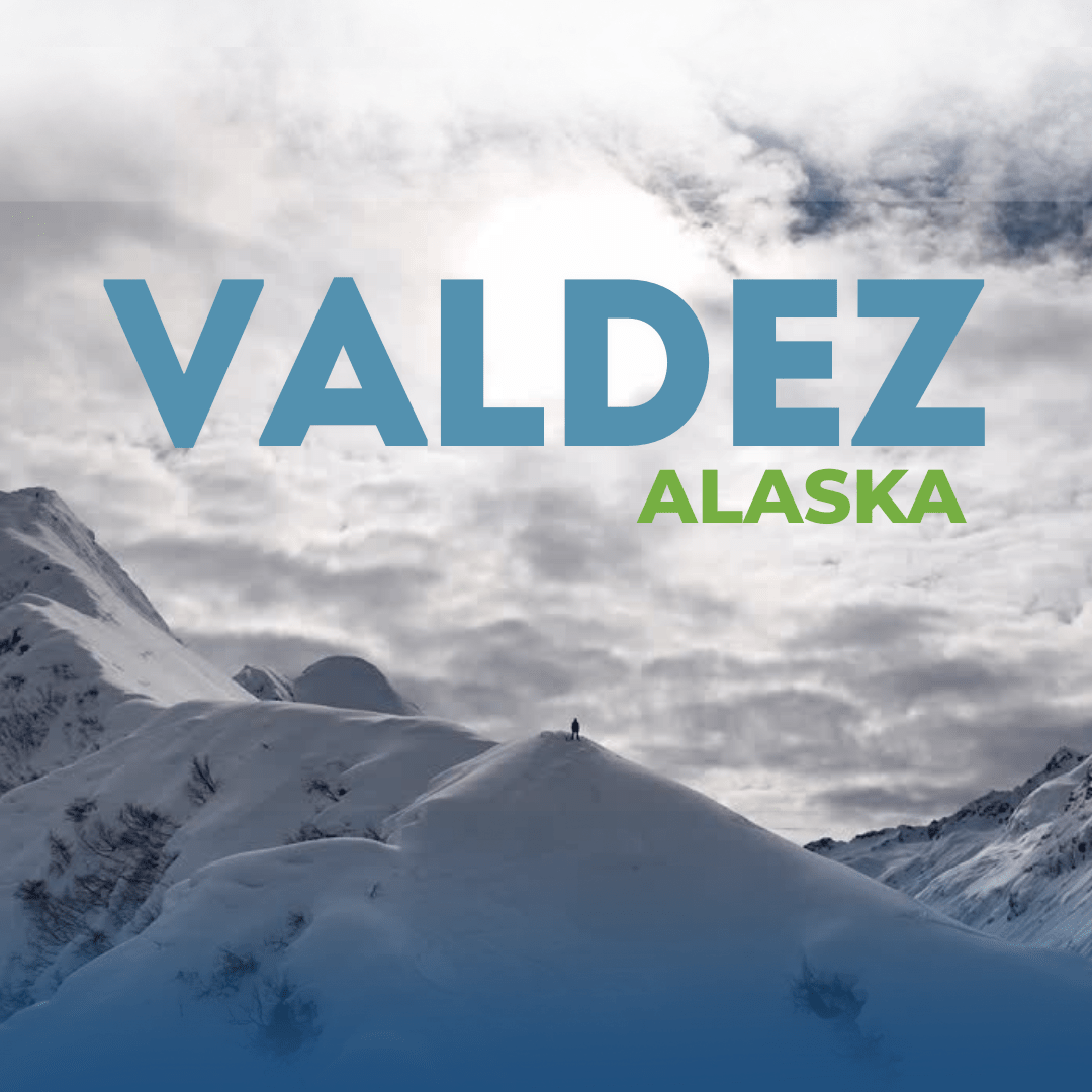 Snowy mountain landscape with Valdez Alaska