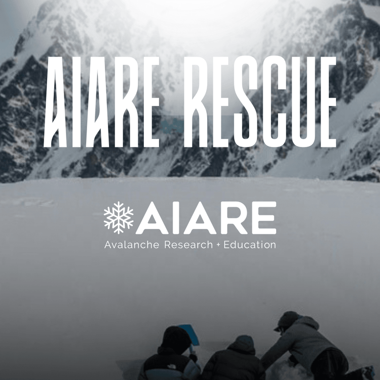 Three people in winter gear studying snow conditions with AIARE RESCUE AIARE  logo