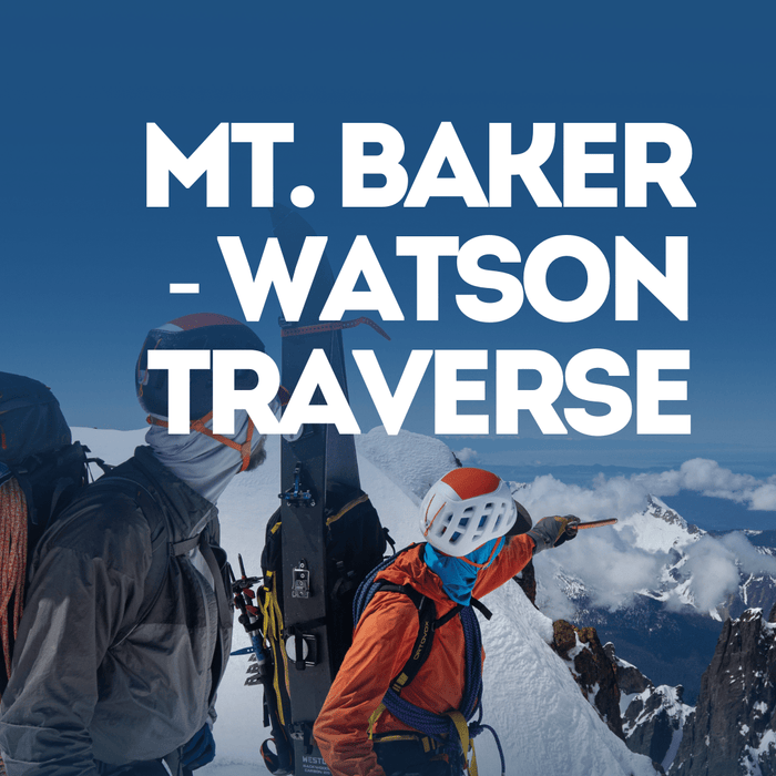 Two climbers on a mountain colfax peak, Mt. Baker - Watson Traverse above.