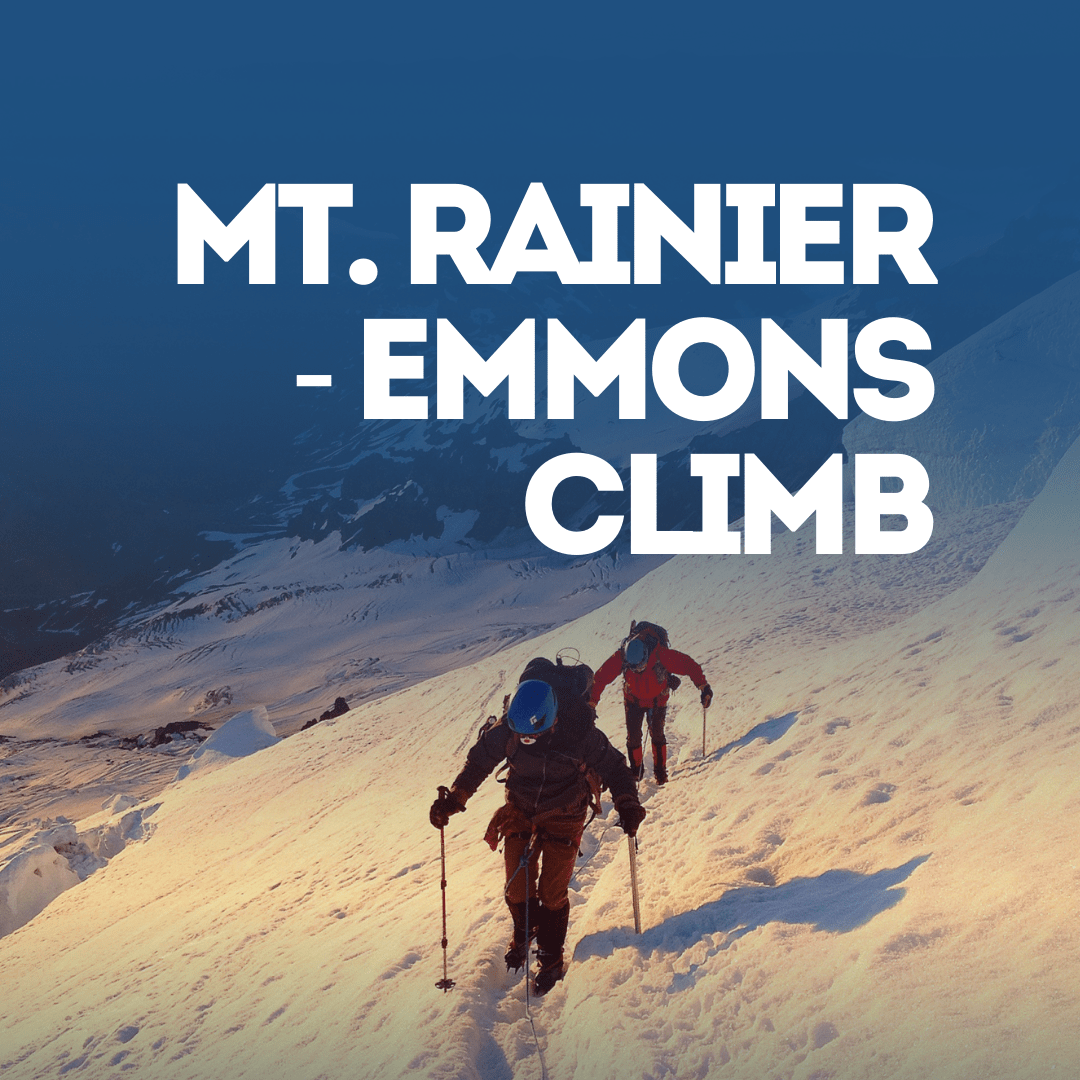 Two hikers on a snowy mountain with Mt. Rainier - Emmons Climb