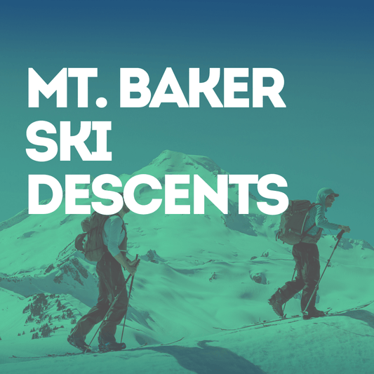 Two skiers on a mountain with 'Mt. Baker Ski Descents'