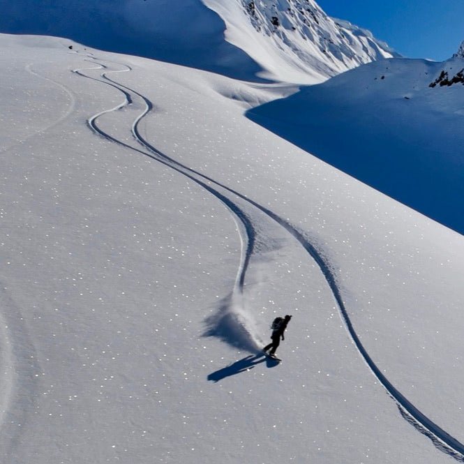 Splitboarder carving a long S-track down an untracked powder slope during an Alaska ski and splitboard progression session