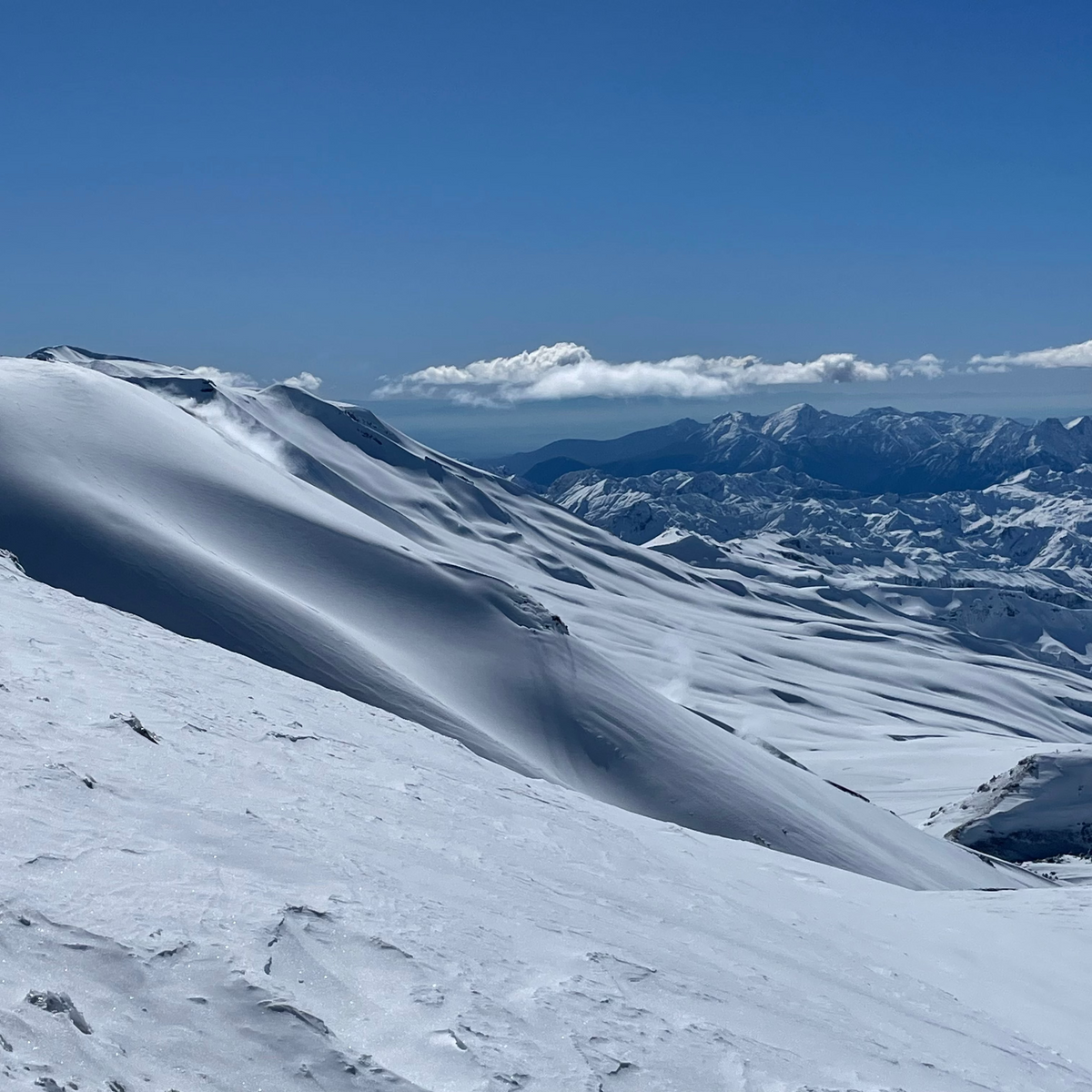 Wide snowy Andes terrain at Nevados de Chillán on a guided Chile summer ski trip