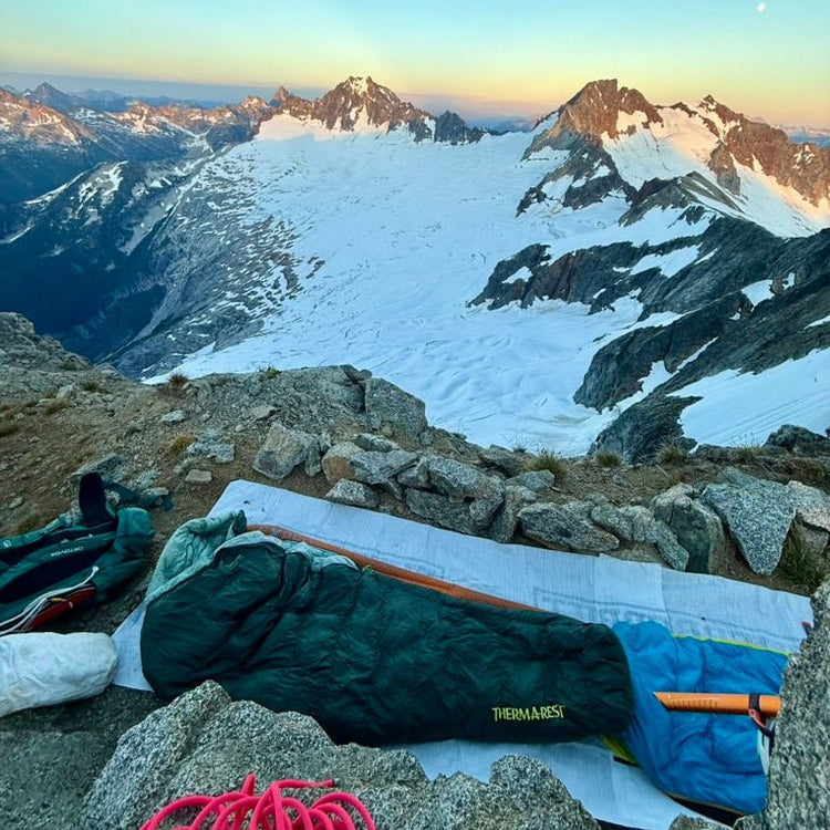overnight bivy high on the North Ridge of Forbidden Peak overlooking the Boston Glacier, Boston Peak, Sahale, and Buckner