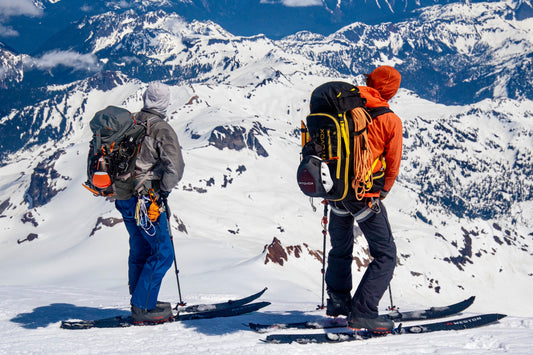 Lead Guide and Guest look back over the progress they've made while climbing Mount Baker on their splitboards. 