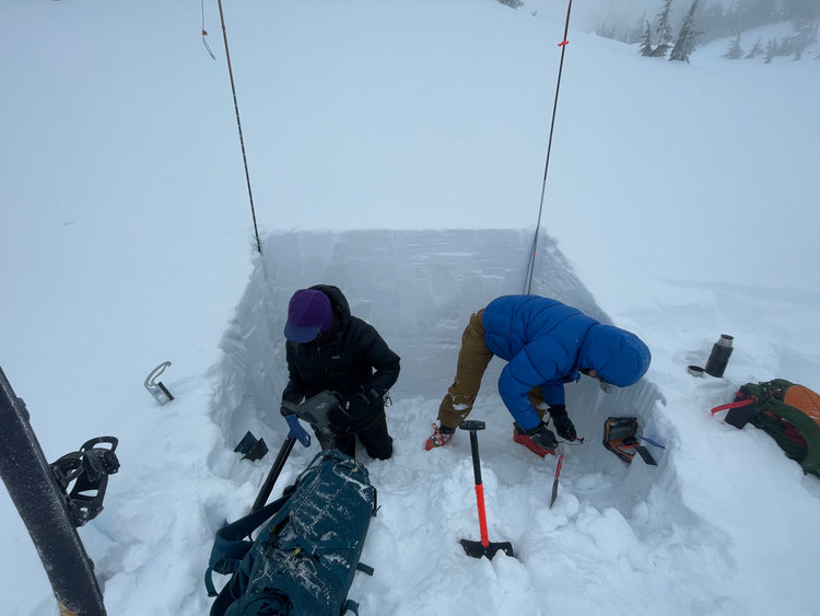 Two AIARE 2 students in their snow pit recording observations and findings.