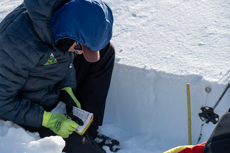 Lead guide at Guided Exposure demonstrating a snow pit profile during an AIAIRE 2 course at Mount Baker. 