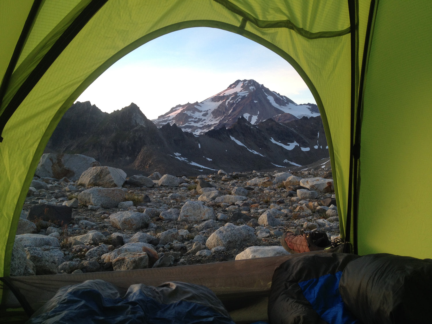 View of Glacier peak from inside a tent.