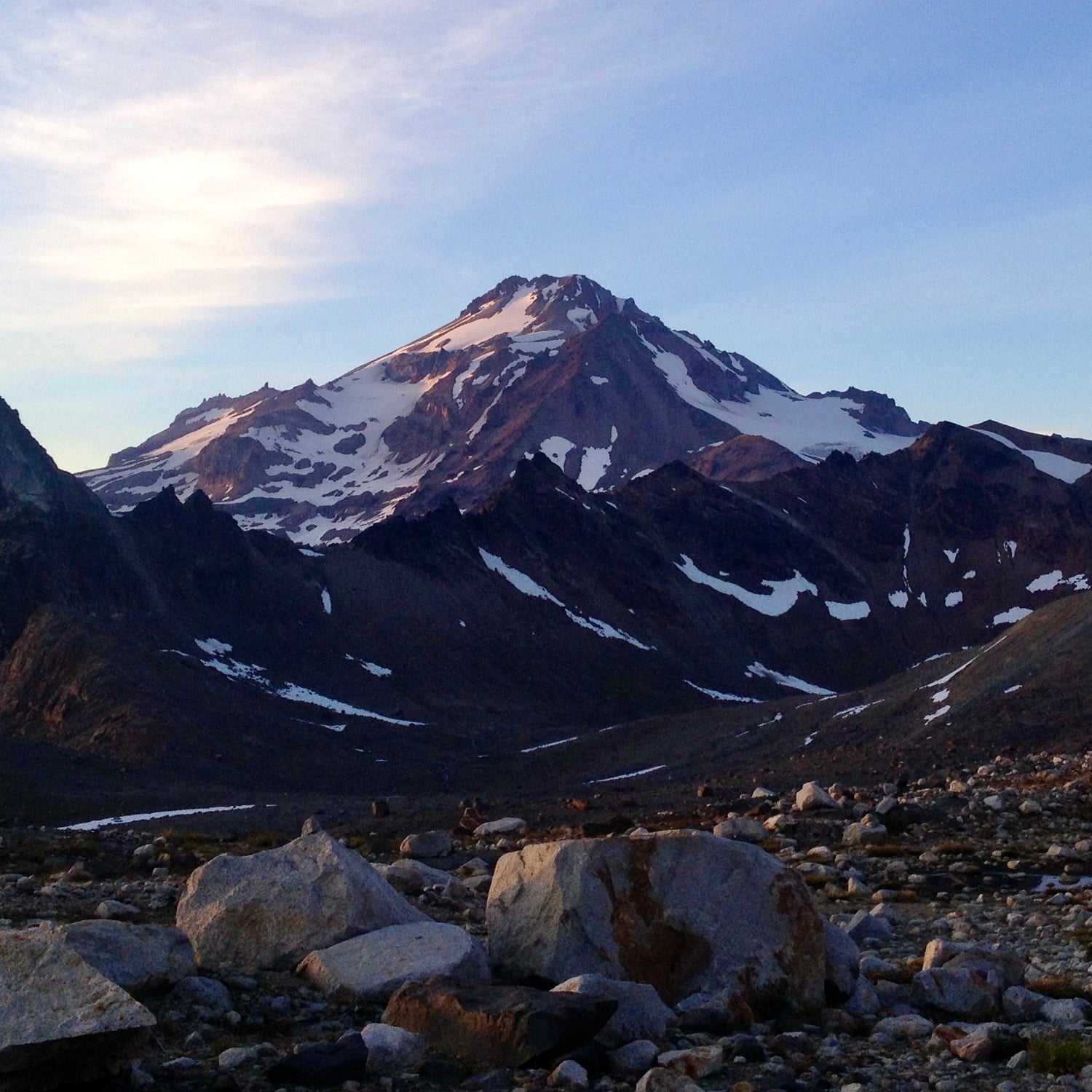 Glacier Peak at sunrise from camp at glacier gap