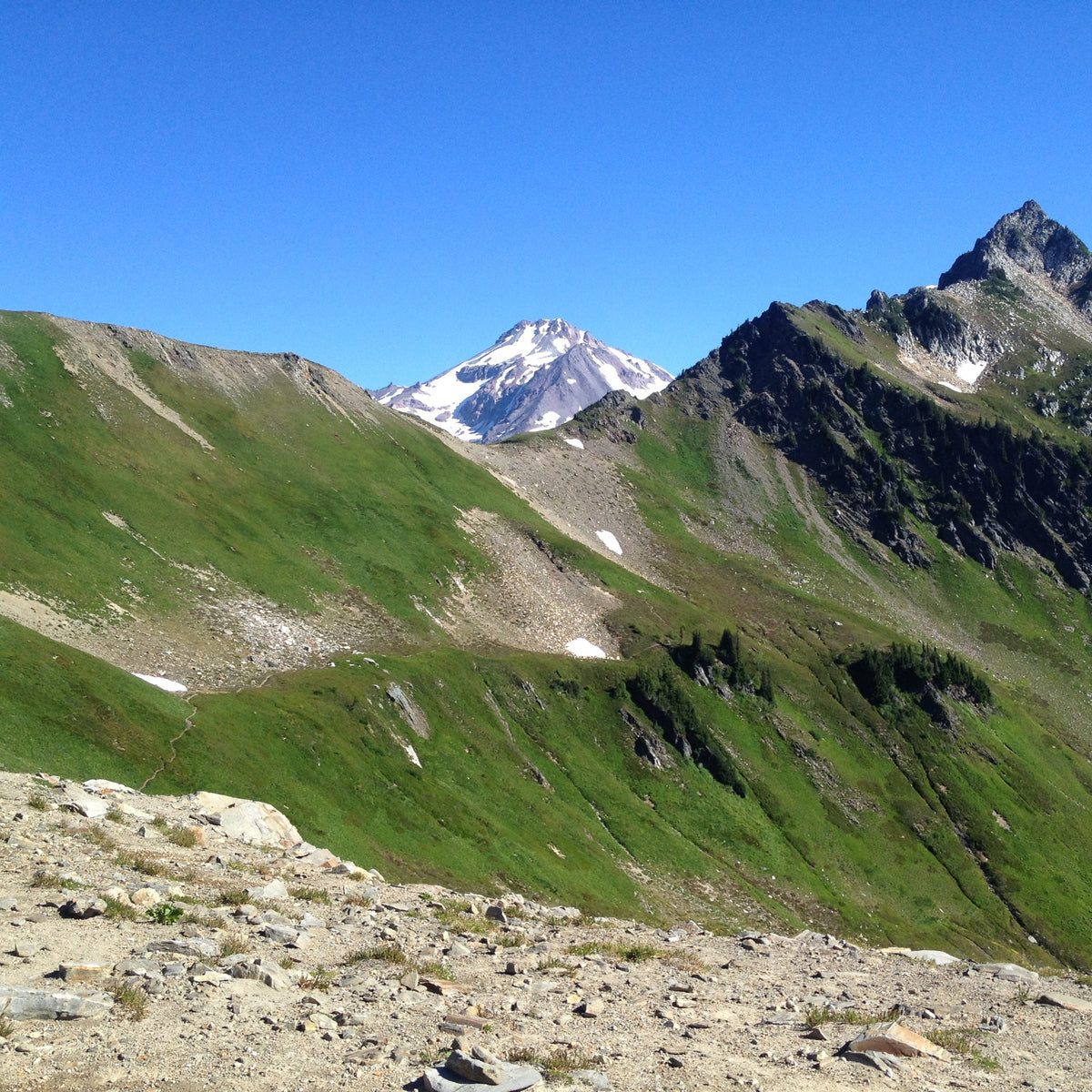 a view from white pass on the PCT through Glacier gap to Dakobed Glacier Peak