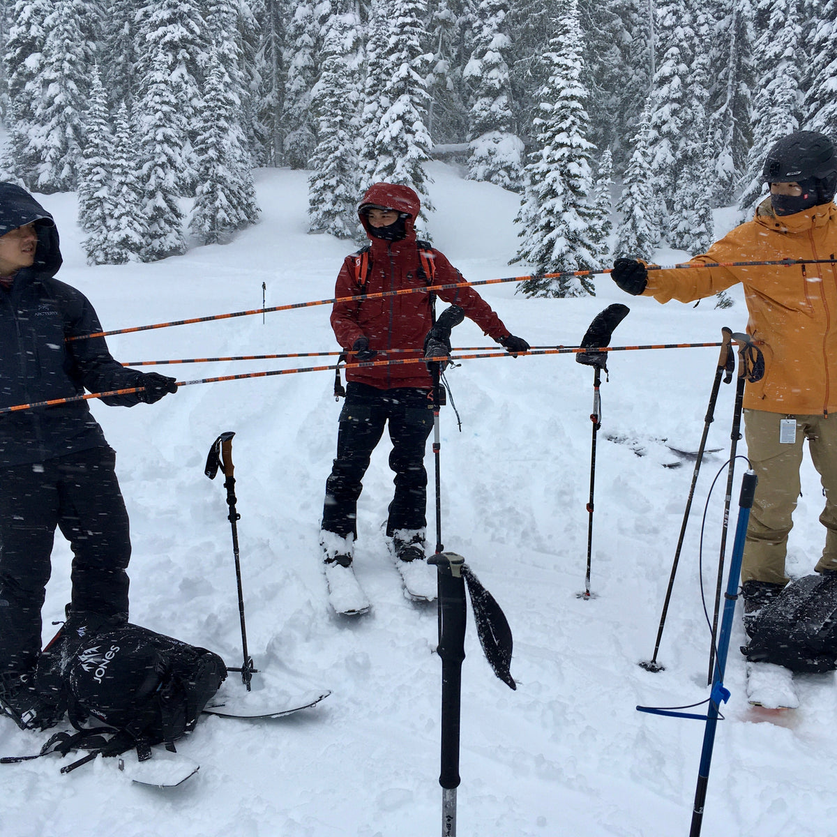 Splitboarders get a feeling for people while using avalanche probes at a SPlitboard AIARE 1 course at Mount Baker.
