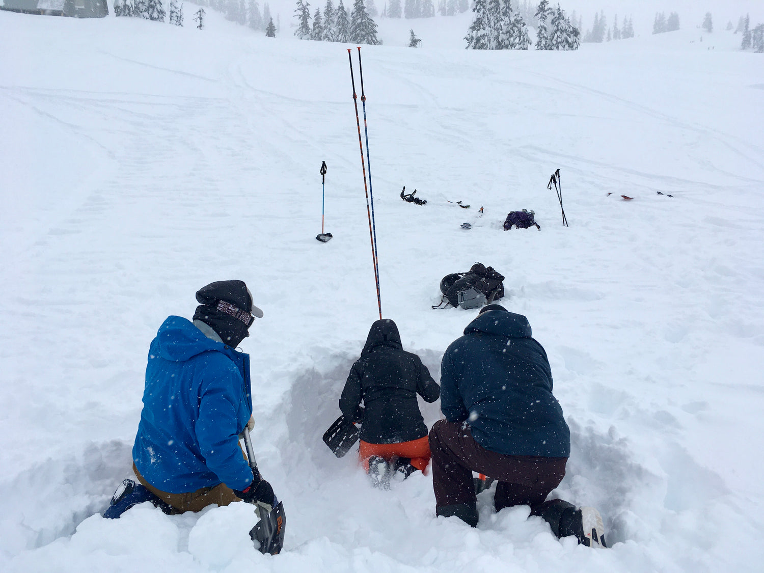 AIARE 1 students practice digging while performing an avalanche rescue. 