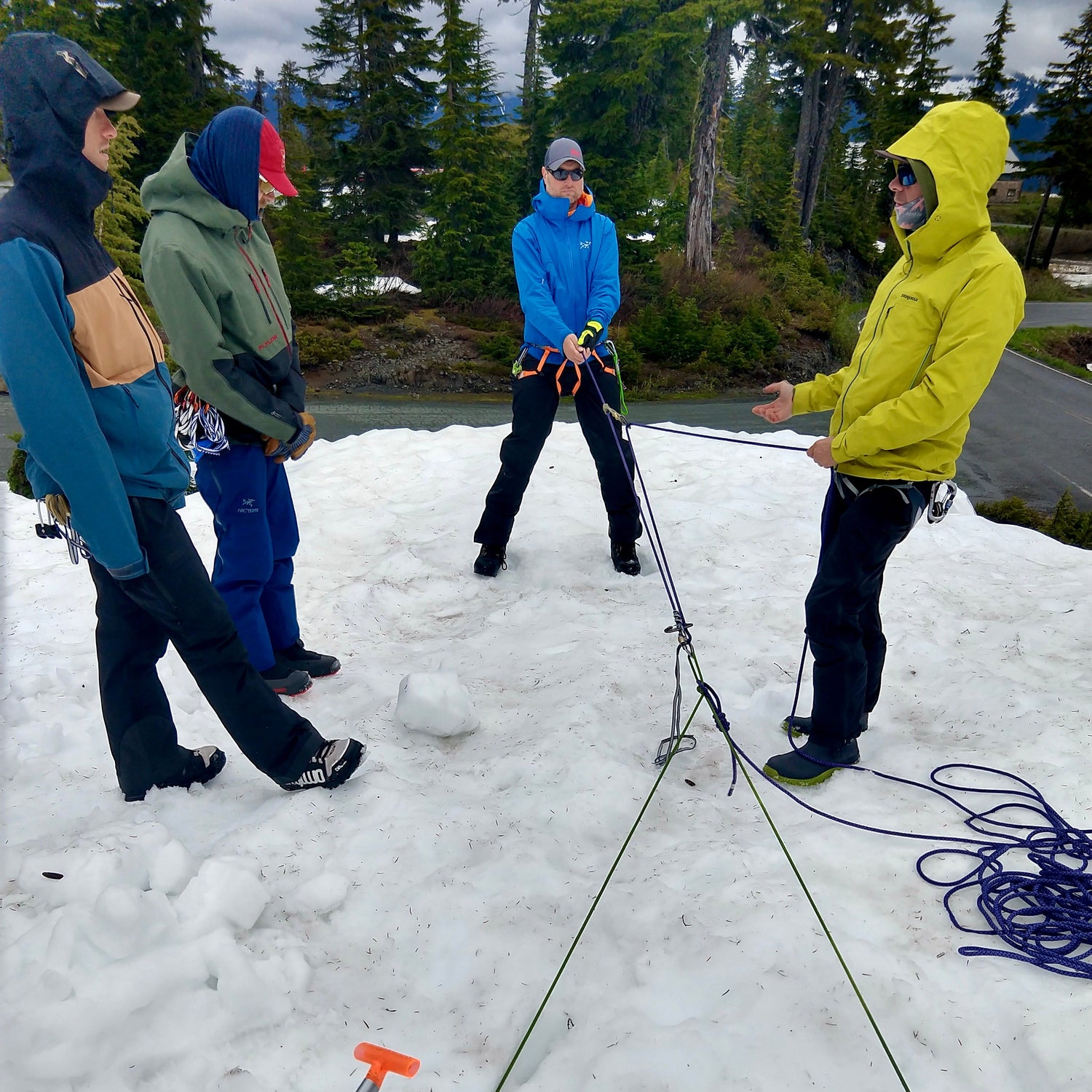 Learning crevasse rescue during a 4 day splitboard mountaineering seminar at mount baker
